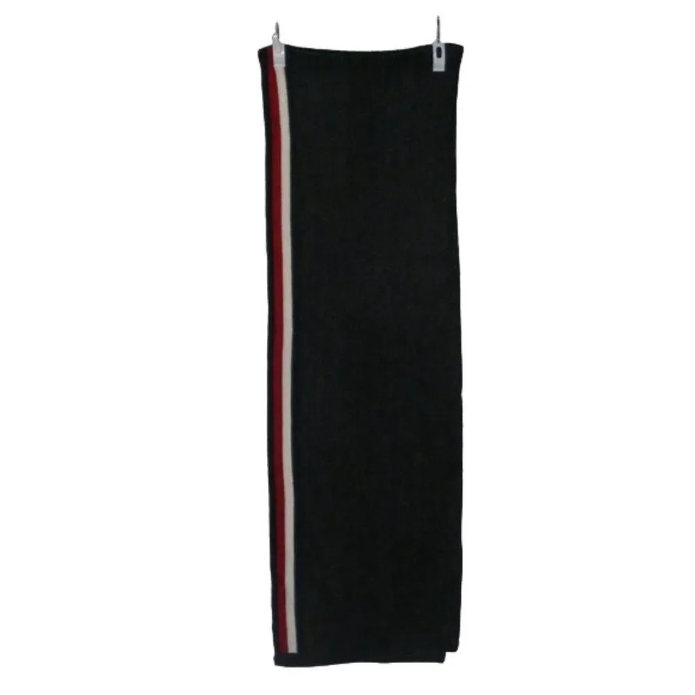 TOMMY HILFIGER Scarf, Charcoal Gray Acrylic, Red/White Stripe accent, Bar logo